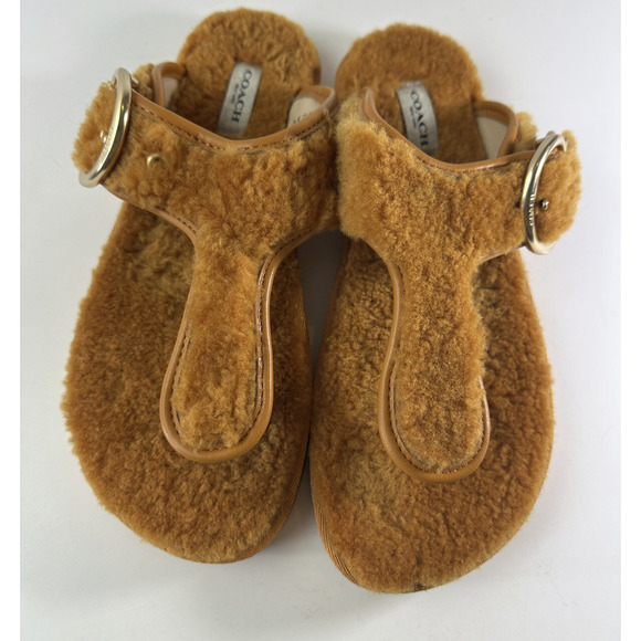 Coach Hollie Flip Flops Plush Shearling Slip On Thong Sandals Butterscotch Sz 9B - Picture 4 of 14